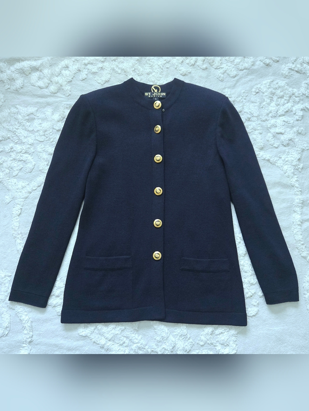 St. John Navy Knit Cardigan with Gold Buttons